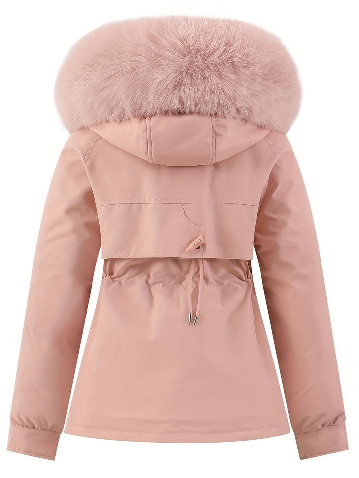 Ladies' Winter Coat with Detachable Fur Hood - Noëlle-Pink-XS-Nora Luxe