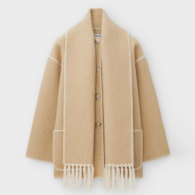 Ladies' Winter Coat with Scarf - Celeste-Beige-S-Nora Luxe