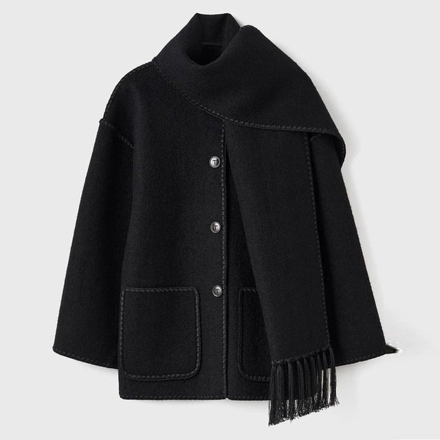 Ladies' Winter Coat with Scarf - Celeste-Black-S-Nora Luxe