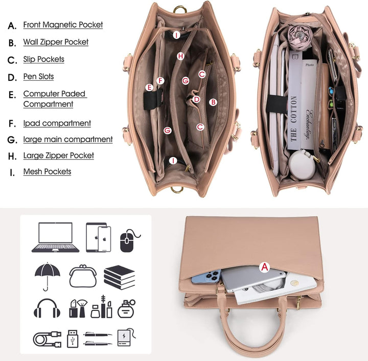 Waterproof PU Leather Laptop Tote Bag with Multi-Pocket Design for Women