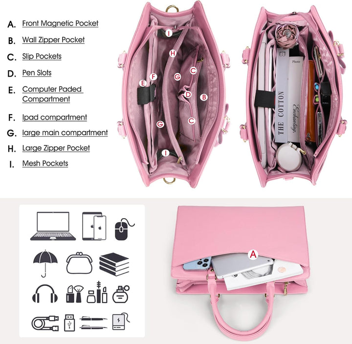 Waterproof PU Leather Laptop Tote Bag with Multi-Pocket Design for Women