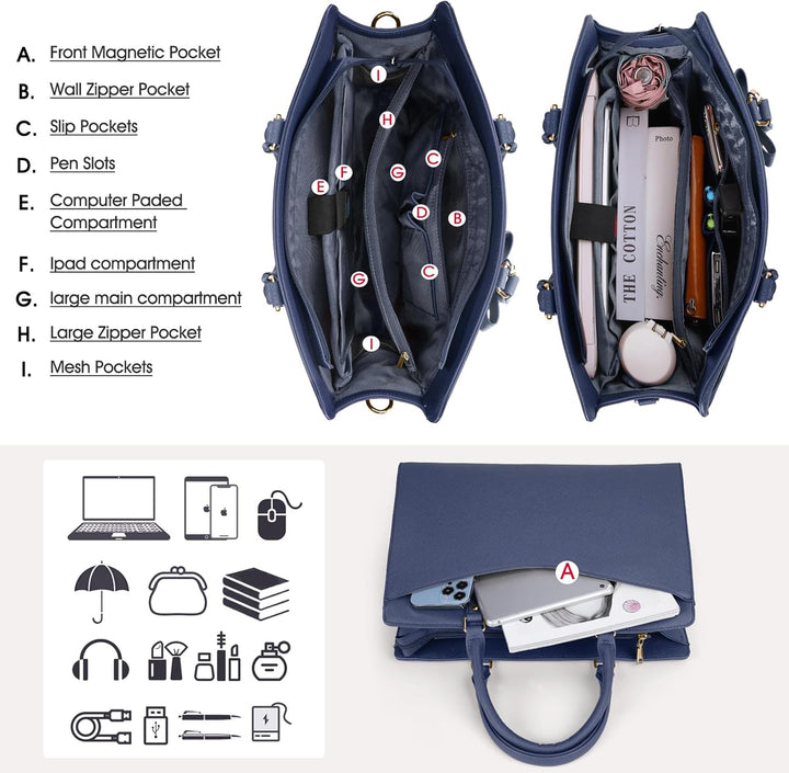 Waterproof PU Leather Laptop Tote Bag with Multi-Pocket Design for Women