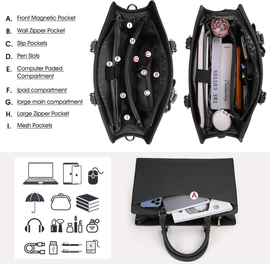 Waterproof PU Leather Laptop Tote Bag with Multi-Pocket Design for Women