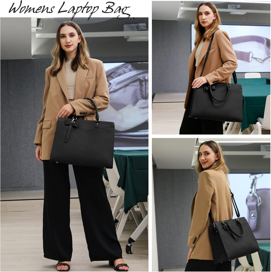 Waterproof PU Leather Laptop Tote Bag with Multi-Pocket Design for Women