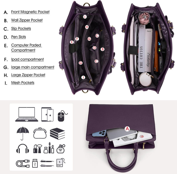 Waterproof PU Leather Laptop Tote Bag with Multi-Pocket Design for Women