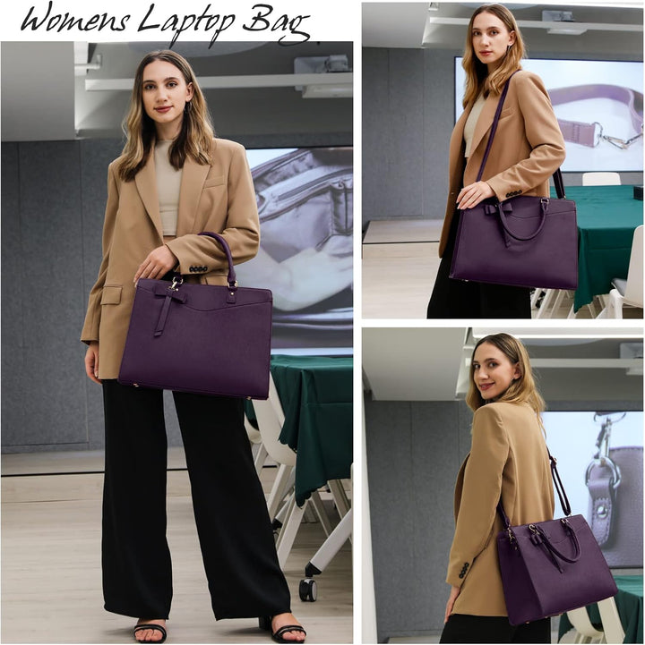 Waterproof PU Leather Laptop Tote Bag with Multi-Pocket Design for Women
