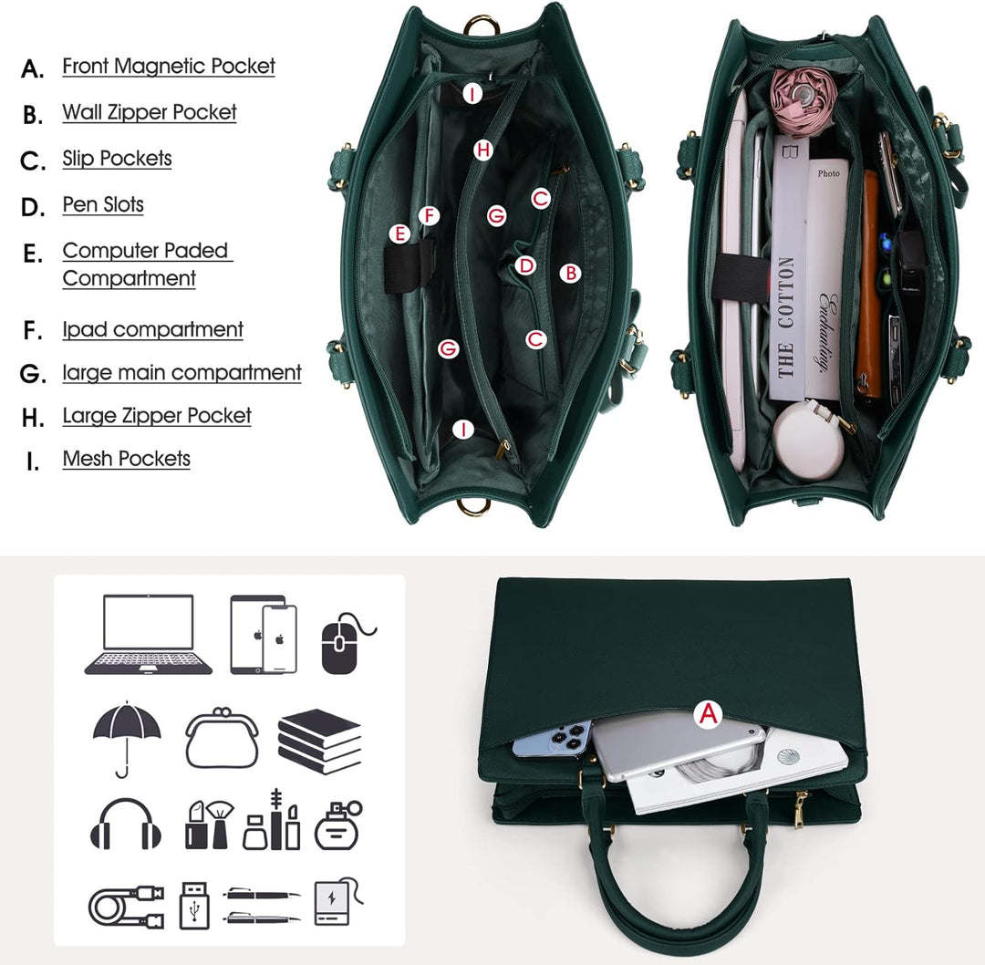 Waterproof PU Leather Laptop Tote Bag with Multi-Pocket Design for Women