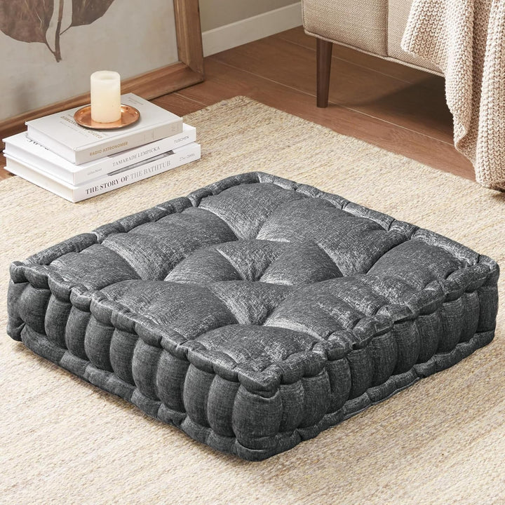 Large Chenille Floor Cushion for Meditation & Yoga-Charcoal-Nora Luxe