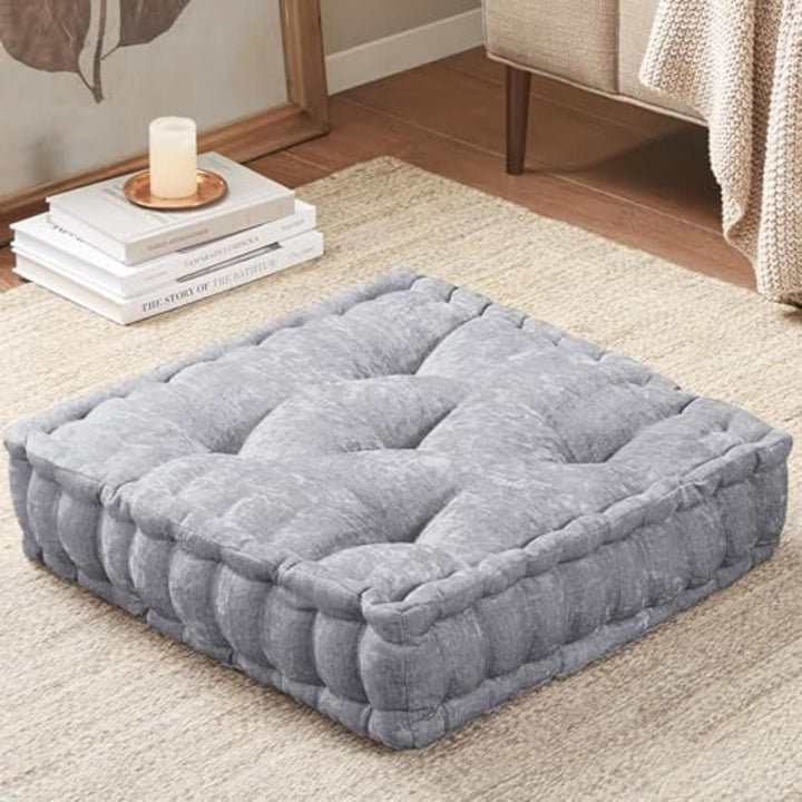 Large Chenille Floor Cushion for Meditation & Yoga-Grey-Nora Luxe