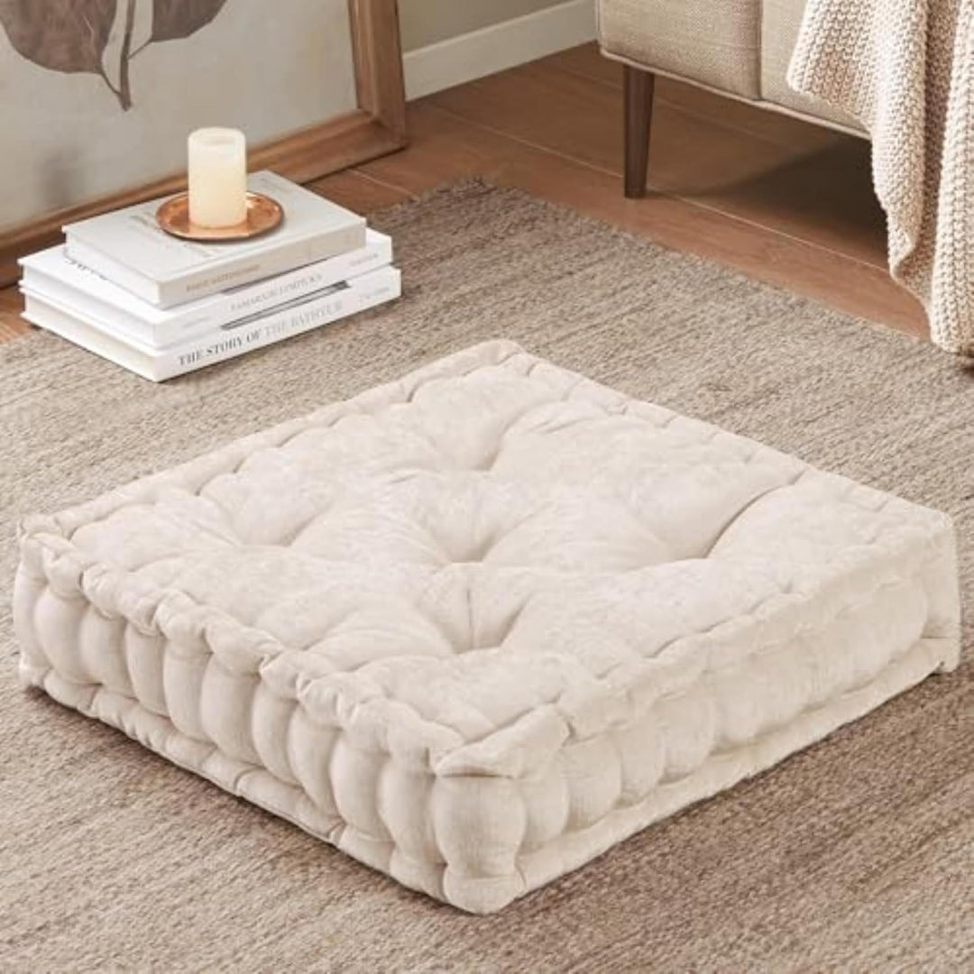 Large Chenille Floor Cushion for Meditation & Yoga-Ivory-Nora Luxe