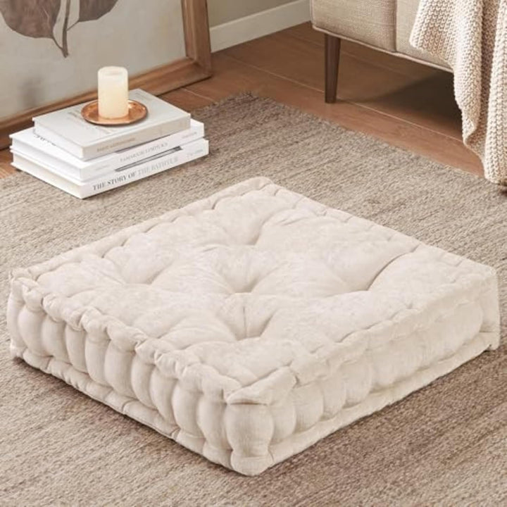 Large Chenille Floor Cushion for Meditation & Yoga-Ivory-Nora Luxe