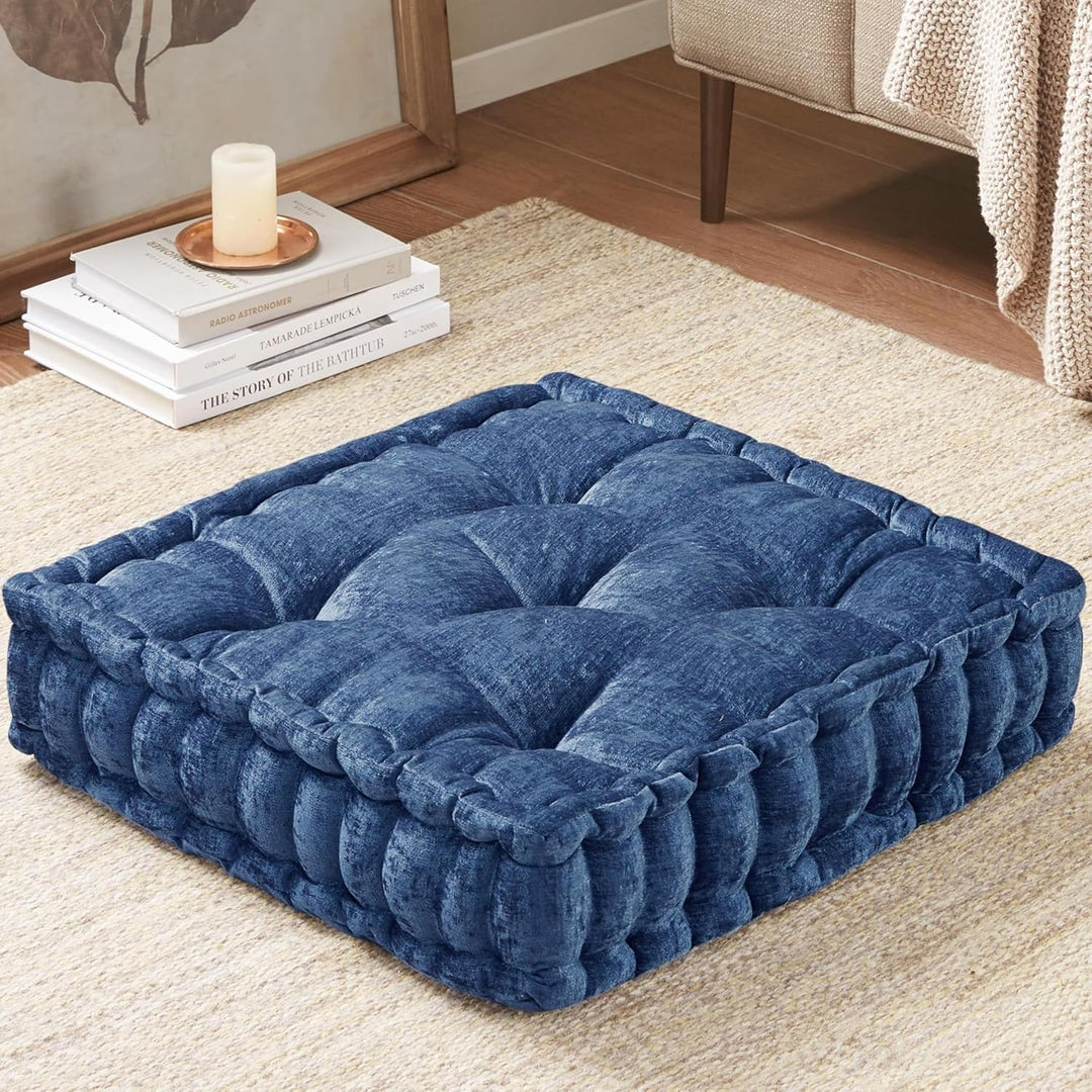 Large Chenille Floor Cushion for Meditation & Yoga-Marine blue-Nora Luxe