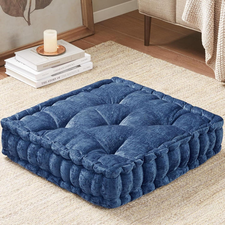 Large Chenille Floor Cushion for Meditation & Yoga-Marine blue-Nora Luxe