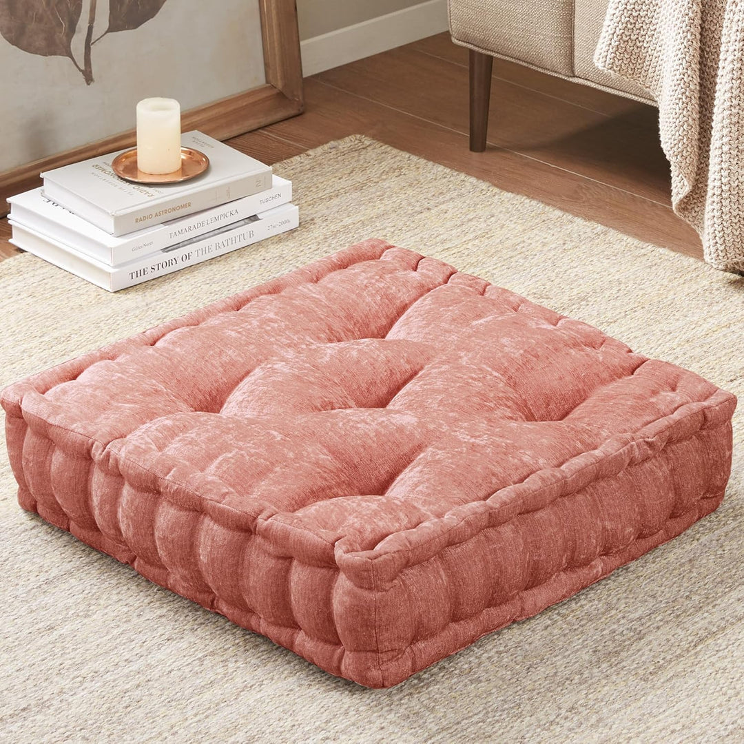 Large Chenille Floor Cushion for Meditation & Yoga-Peach-Nora Luxe