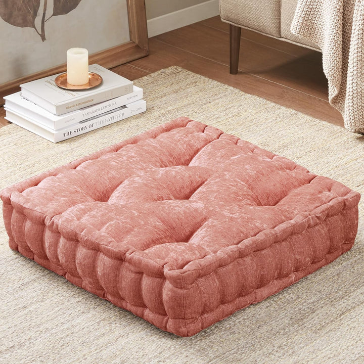 Large Chenille Floor Cushion for Meditation & Yoga-Peach-Nora Luxe