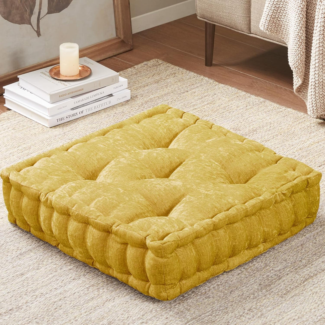 Large Chenille Floor Cushion for Meditation & Yoga-Yellow-Nora Luxe