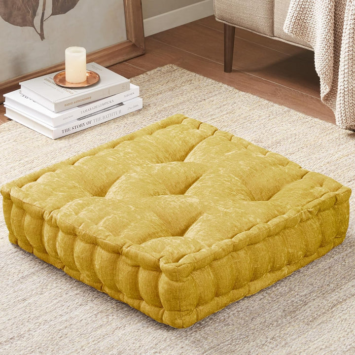 Large Chenille Floor Cushion for Meditation & Yoga-Yellow-Nora Luxe
