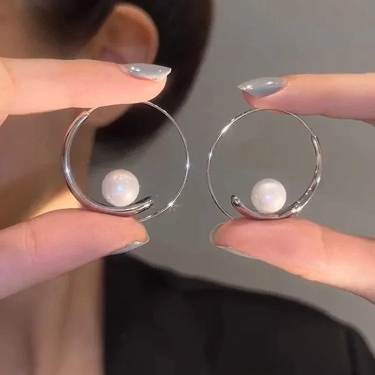 Large Pearl Circle Earrings - Camille-Silver-Nora Luxe