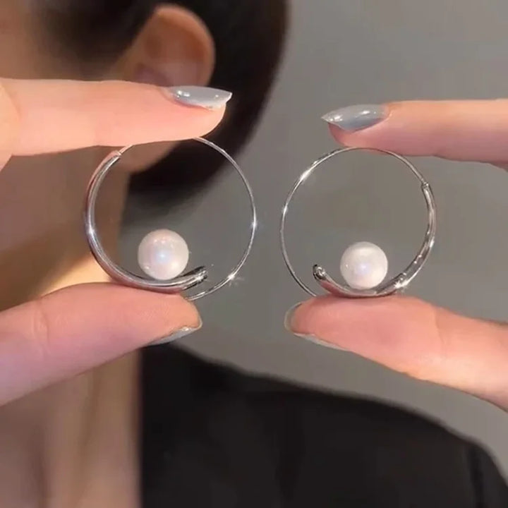 Large Pearl Circle Earrings - Camille-Silver-Nora Luxe