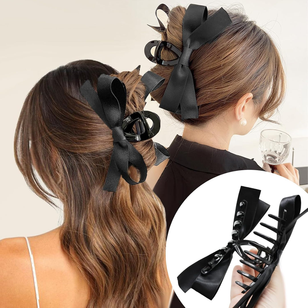 Large Satin Bow Clips-1 Piece Black + 1 Piece White-Nora Luxe