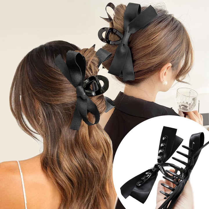 Large Satin Bow Clips-1 Piece Black + 1 Piece White-Nora Luxe
