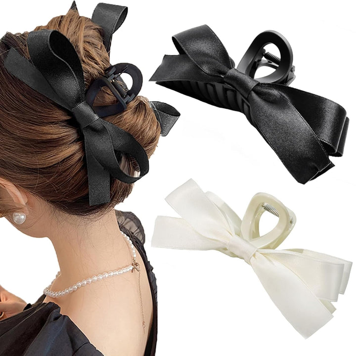 Large Satin Bow Clips-1 Piece Black + 1 Piece White-Nora Luxe