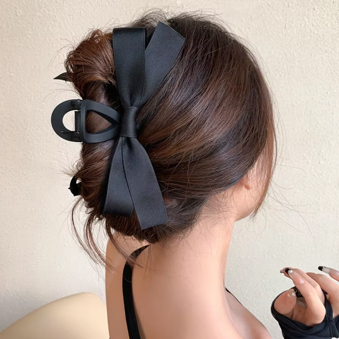 Large Satin Bow Clips-1 Piece Black + 1 Piece White-Nora Luxe