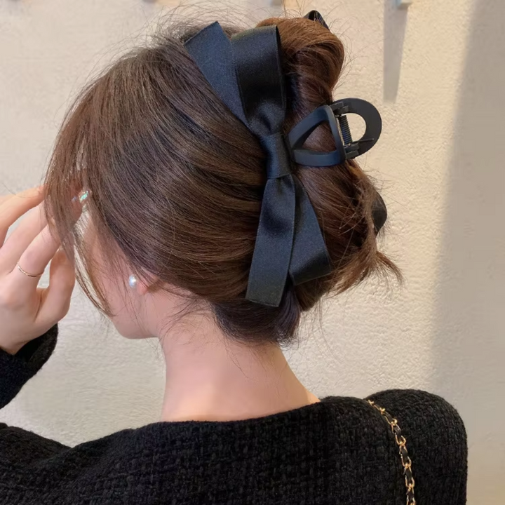 Large Satin Bow Clips-1 Piece Black + 1 Piece White-Nora Luxe