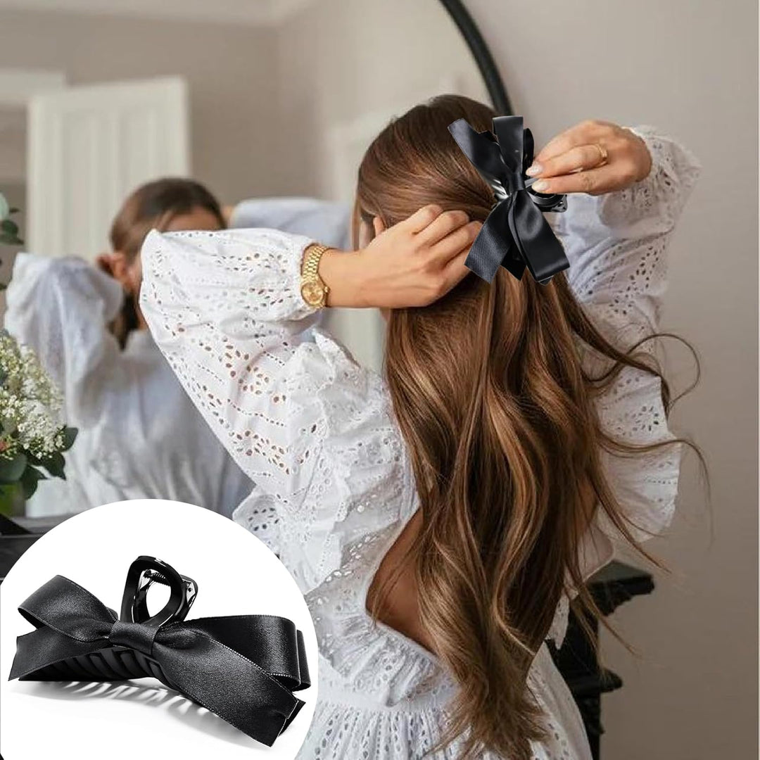 Large Satin Bow Clips-1 Piece Black + 1 Piece White-Nora Luxe
