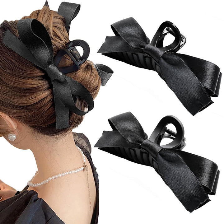 Large Satin Bow Clips-2 Pieces Black-Nora Luxe