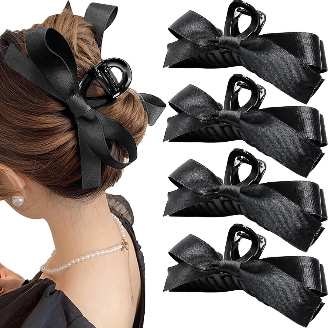 Large Satin Bow Clips-4 Pieces Black-Nora Luxe