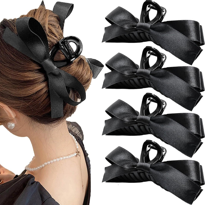 Large Satin Bow Clips-4 Pieces Black-Nora Luxe