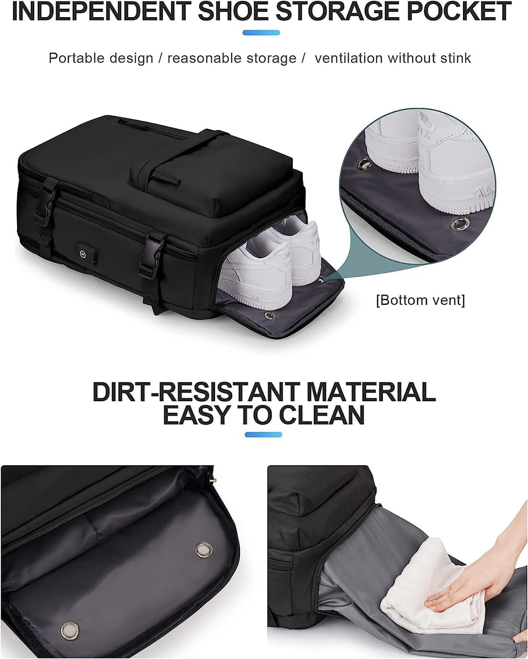 40L Waterproof Travel Backpack with Shoe Compartment & USB Port – 14” (35.56 cm)Laptop Fit