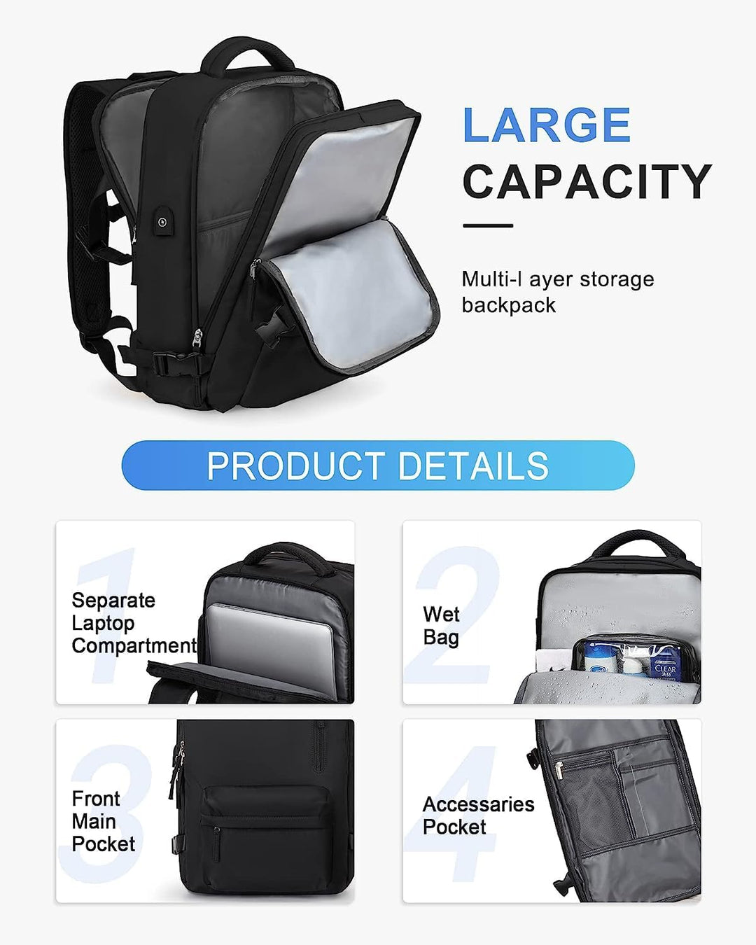 40L Waterproof Travel Backpack with Shoe Compartment & USB Port – 14” (35.56 cm)Laptop Fit