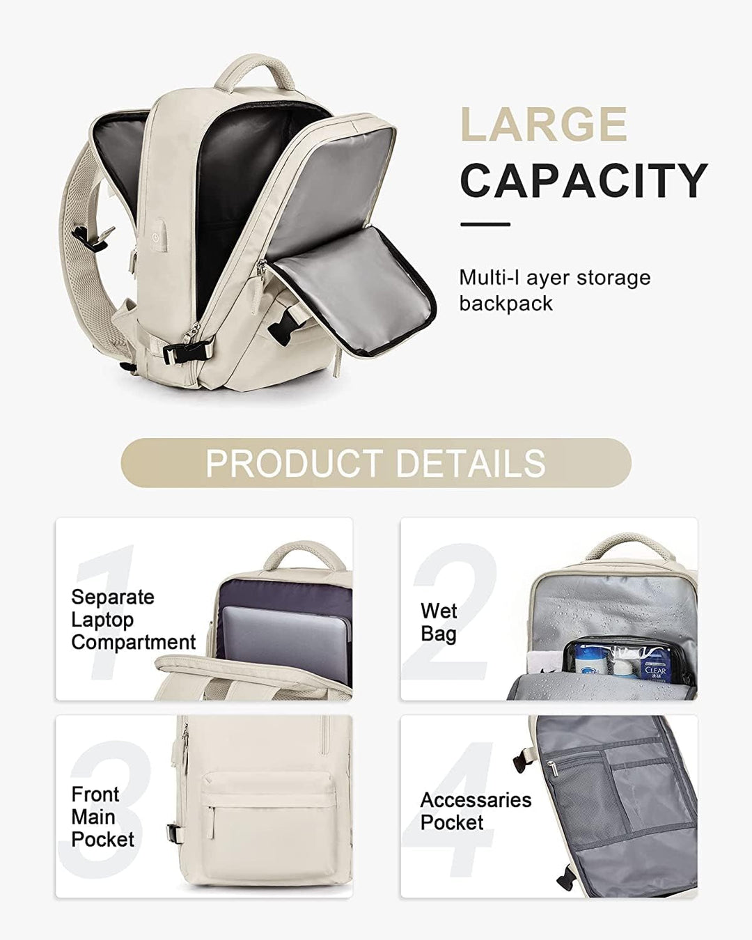 40L Waterproof Travel Backpack with Shoe Compartment & USB Port – 14” (35.56 cm)Laptop Fit