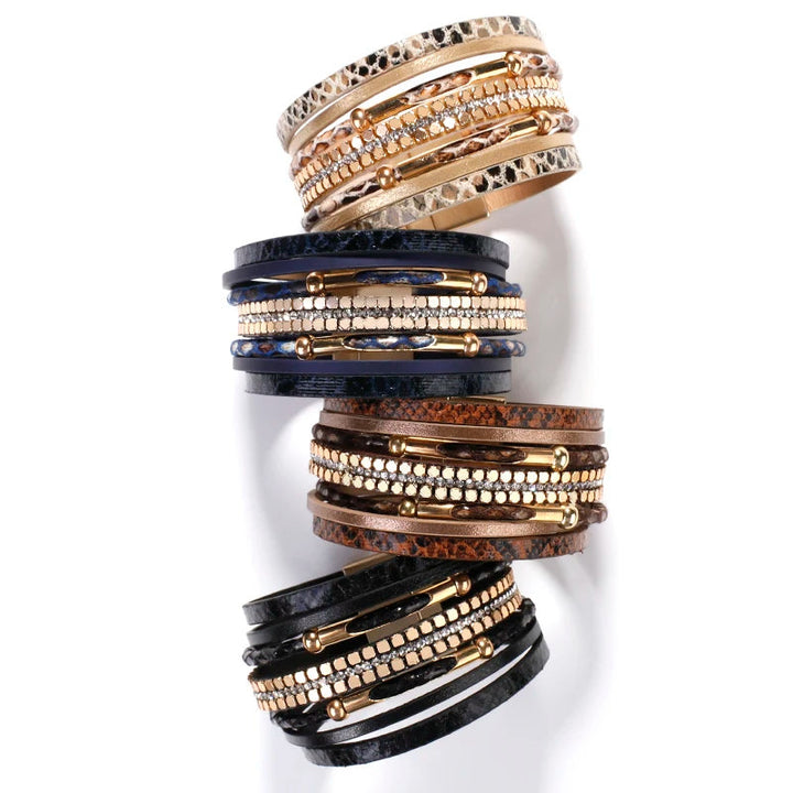 Layered Elegant Bracelet | Snake Leather Jewellery-Khaki-Nora Luxe