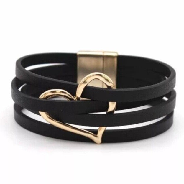 Layered Leather Wrap Bracelet | Trendy Multi-Strand Jewellery-BLACK HEART-Nora Luxe