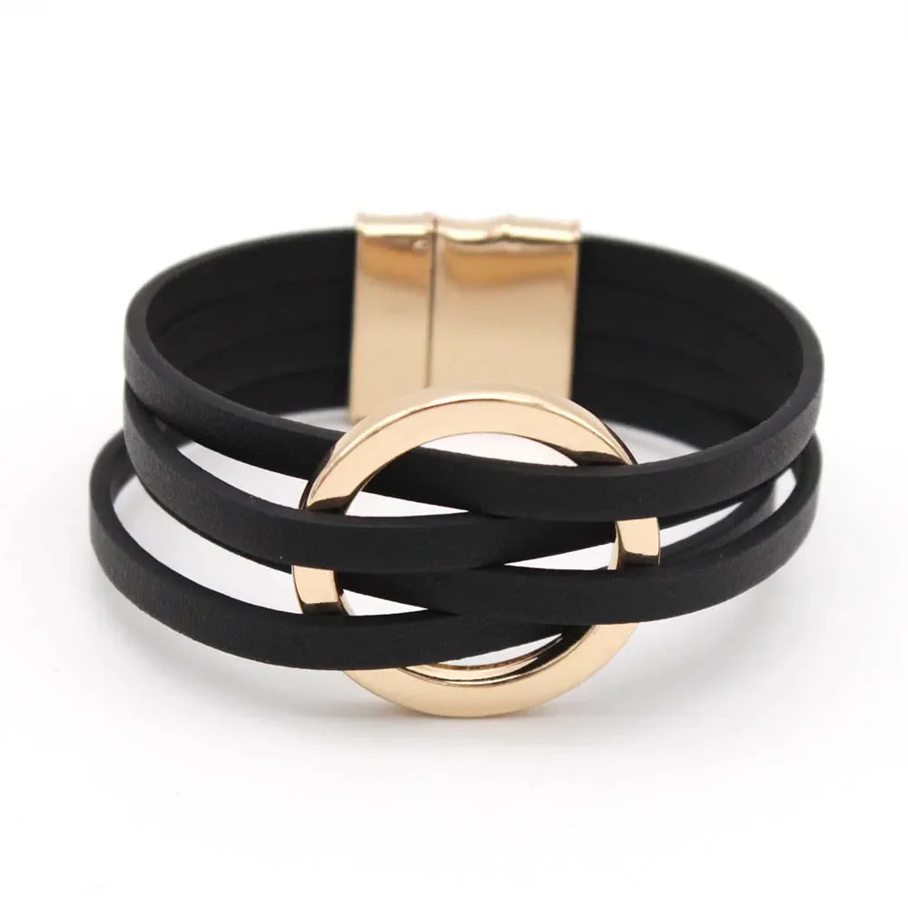 Layered Leather Wrap Bracelet | Trendy Multi-Strand Jewellery-Black-Nora Luxe