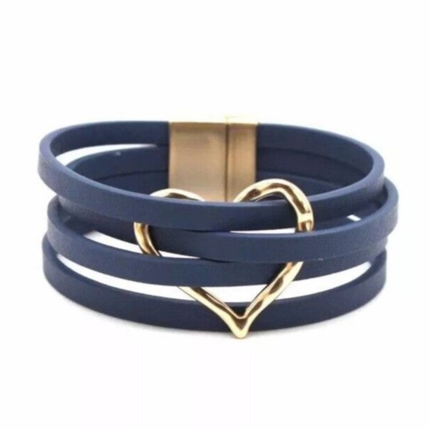 Layered Leather Wrap Bracelet | Trendy Multi-Strand Jewellery-BLUE HEART-Nora Luxe