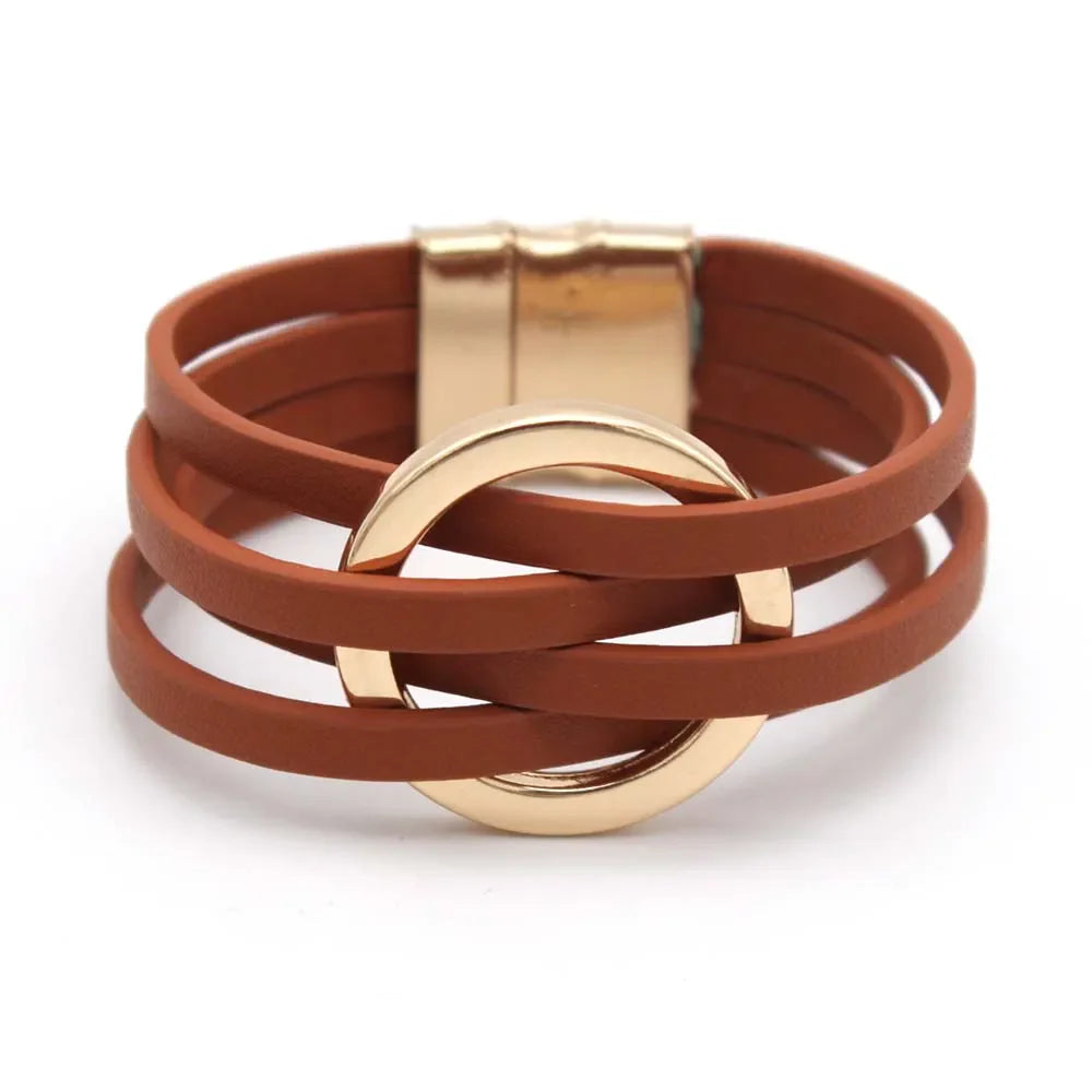 Layered Leather Wrap Bracelet | Trendy Multi-Strand Jewellery-Brown-Nora Luxe
