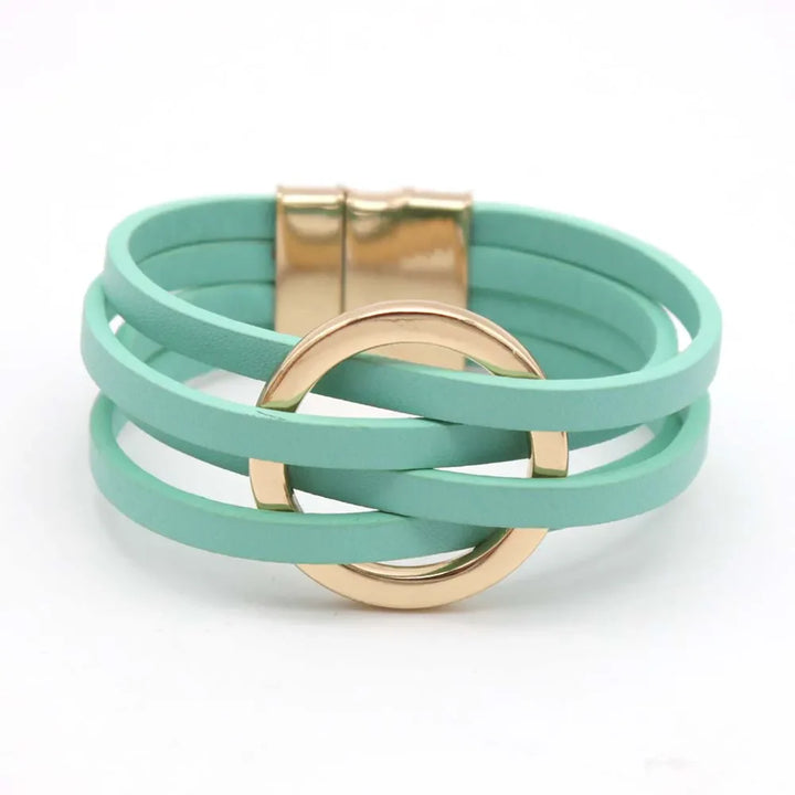 Layered Leather Wrap Bracelet | Trendy Multi-Strand Jewellery-Green-Nora Luxe