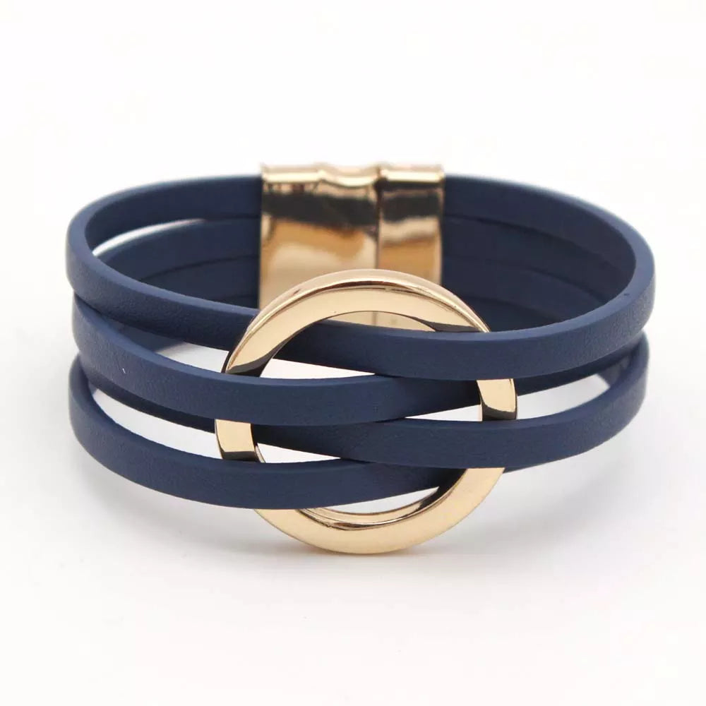 Layered Leather Wrap Bracelet | Trendy Multi-Strand Jewellery-Navy Blue-Nora Luxe
