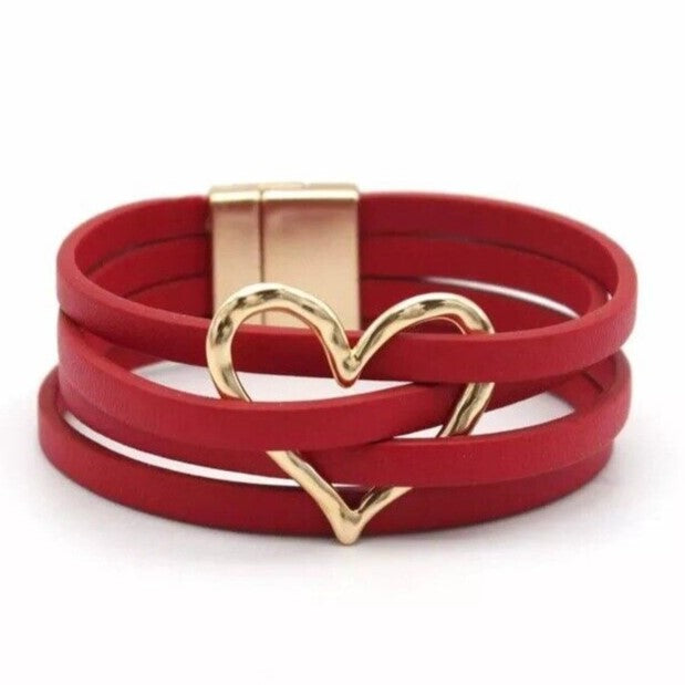 Layered Leather Wrap Bracelet | Trendy Multi-Strand Jewellery-RED HEART-Nora Luxe