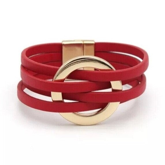 Layered Leather Wrap Bracelet | Trendy Multi-Strand Jewellery-Red-Nora Luxe