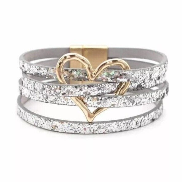 Layered Leather Wrap Bracelet | Trendy Multi-Strand Jewellery-SILVER HEART-Nora Luxe