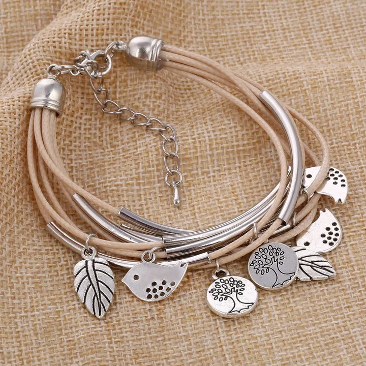 Layered Natural Leather Bracelet | Multi-Strand Women's Jewellery-BEIGE-Nora Luxe