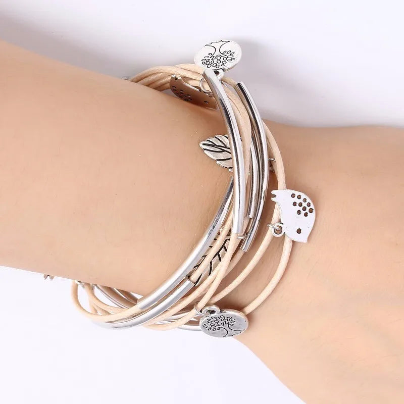 Layered Natural Leather Bracelet | Multi-Strand Women's Jewellery-BEIGE-Nora Luxe