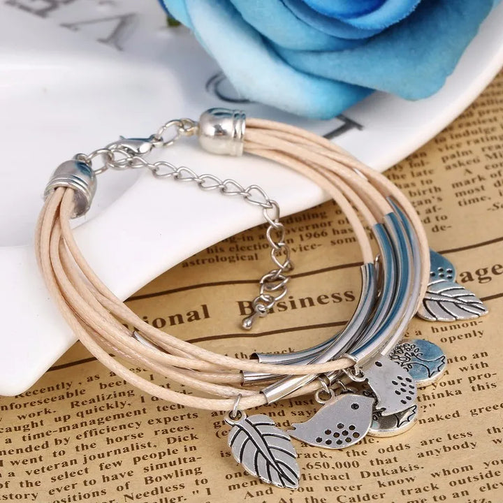 Layered Natural Leather Bracelet | Multi-Strand Women's Jewellery-BEIGE-Nora Luxe