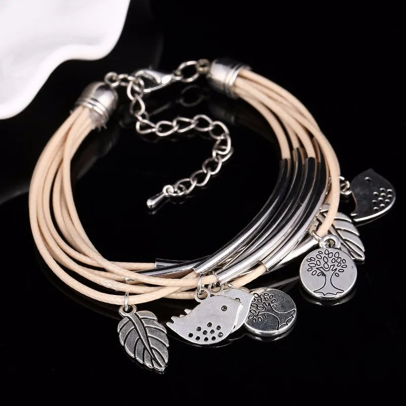 Layered Natural Leather Bracelet | Multi-Strand Women's Jewellery-BEIGE-Nora Luxe