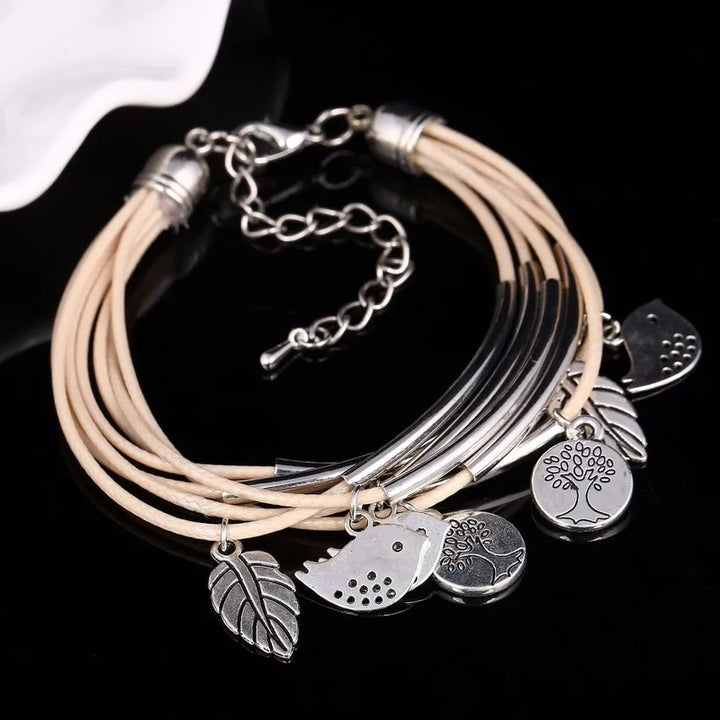 Layered Natural Leather Bracelet | Multi-Strand Women's Jewellery-BEIGE-Nora Luxe